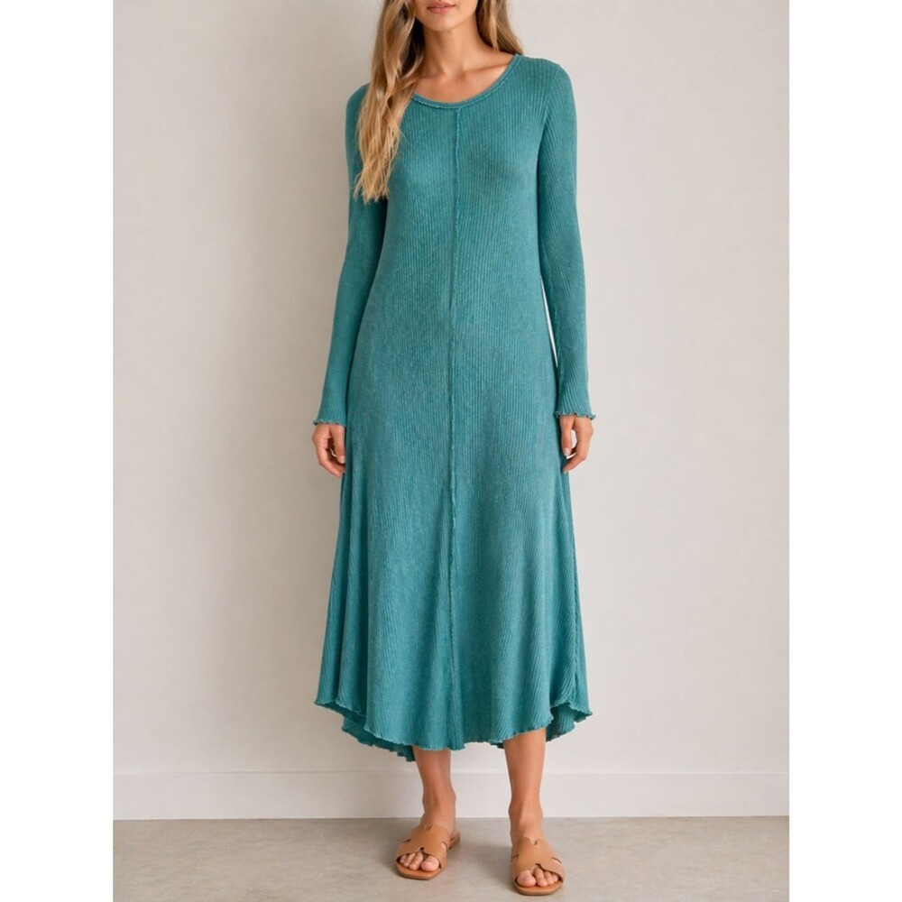 Anthropologie T.La Sasha Ribbed Midi Dress Teal Blue Cotton Knit Sz Medium USA